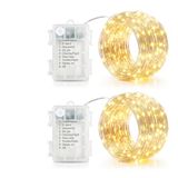 LEDYA Lichtsnoer voor buiten, batterij, 2 stuks, 10 m, 100 leds, zilverdraad, lichtketting met afstandsbediening, 8 modi, timer, IP44 waterdicht, warmwit