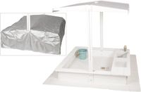 WONDERMAKE® Design zandbak met modderkeuken, dak, deksel OXFORD 420D, vliesfolie, vierkante houten zandbak afsluitbaar buitentuin voor kinderen, wit zilver