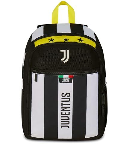 Seven Juventus Rugzak met twee vakken, wit en zwart, voorvak met ritssluiting en vak voor drinkfles, kinderen, basisschool, voetbal, Zwart, Eén maat, Casual
