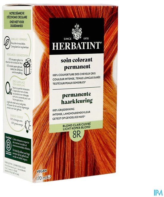 Herbatint Haarverf - Permanente Vegan Haarkleuring - Natuurlijke haarkleuring - 100% grijsdekking - Zonder gebruik van ammoniak - 8R Licht Koper Blond – 170 ml