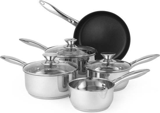 Russell Hobbs BW06572 Classic Collection 5 Piece Pan Set Including a Frying Pan, Saucepans & Glass Lids, Suitable on All Hob Types, Stainless Steel