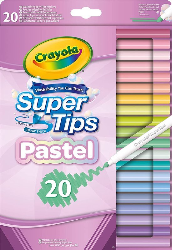 crayola Pastel- SuperTips, Afwasbare Stiften met Medium Punt, verpakking van 20, voor school en vrije tijd, geassorteerde pastelkleuren