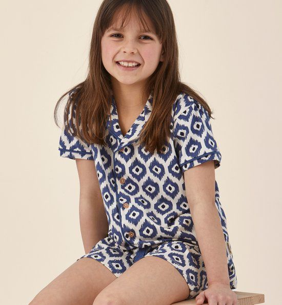 Little Label - klassieke zomer pyjama meisjes - blauw ikat - 134-140 / 10Y - extra zachte bio-katoen