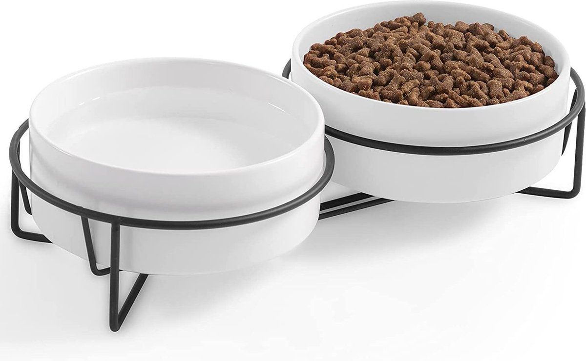 Gizmo Voerbak Kat / Hond Dubbel - Wit - 2 Keramische Drink- & Voerbakken met Standaard - 850ML