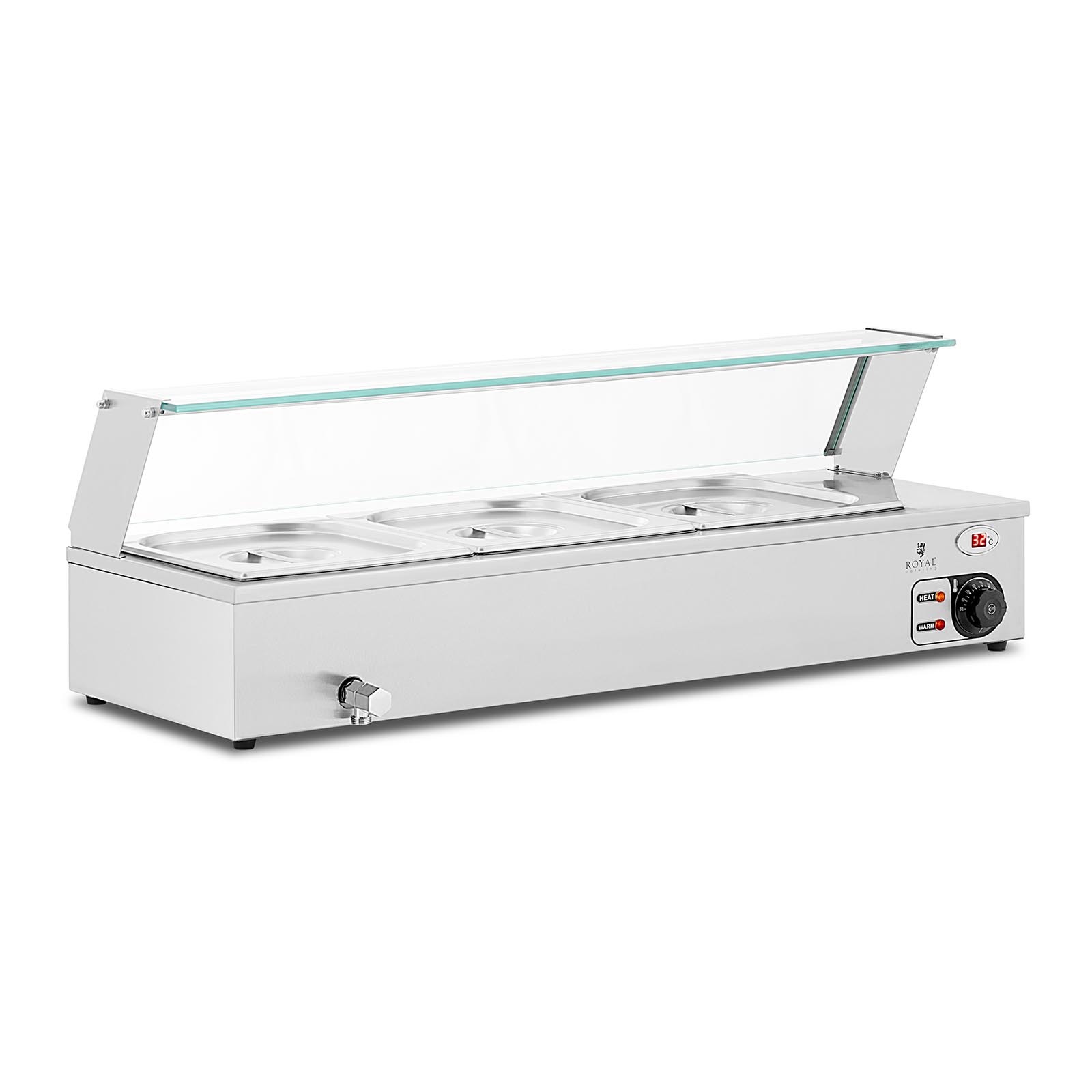 Royal Catering Bain Marie - 2,000 W - 3 GN 1/2 - Aftapkraan - Glasbeschermer