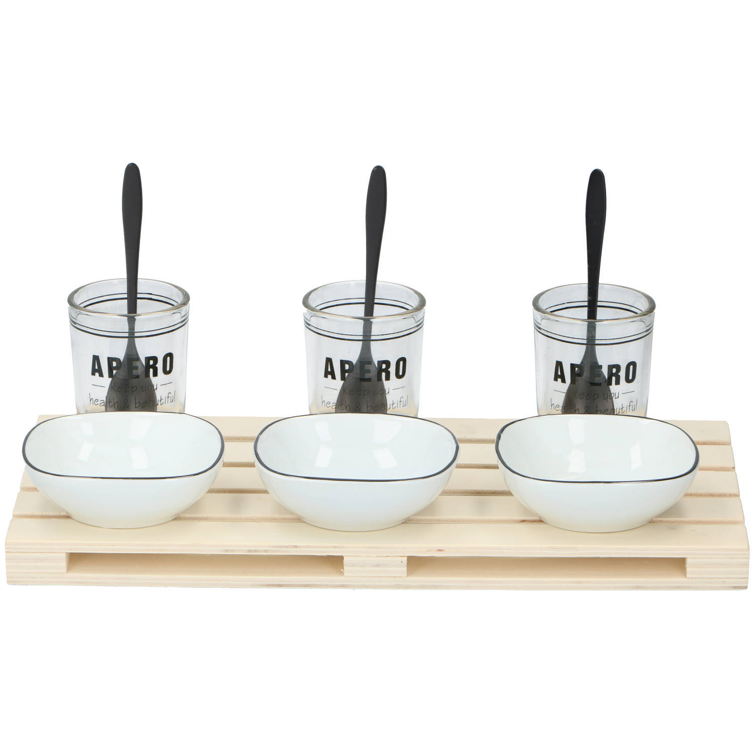 Alpina Kitchen & Home amuseset - 3 glaasjes 3 bakjes 3 lepels - houten tray - voor hapjes en amuses