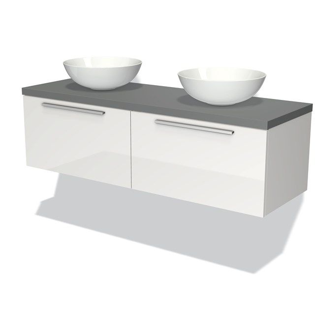 Maxaro Badkamermeubel Modulo Plato 140cm Hoogglans Wit 2 Lades Vlak Middengrijs Blad
