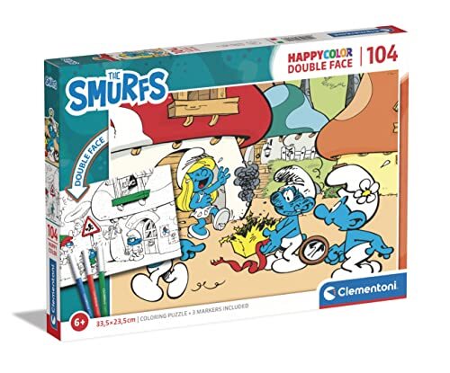 Clementoni The Smurfs Happy Color Double Face Smurfs-104-delige set, made in Italy, kinderen 6 jaar, schilderij (inclusief viltstiften), Smurfs, cartoon-puzzel, meerkleurig, medium, 25725