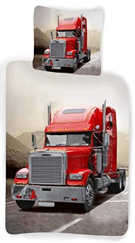 Brandmac Beddengoedset rode truck vrachtwagen op straat, overtrek dekbed 100 x 140 cm, overtrek hoofdkussen 40 x 45 cm, 100% katoen, voor baby's en kinderen, jongens, meisjes