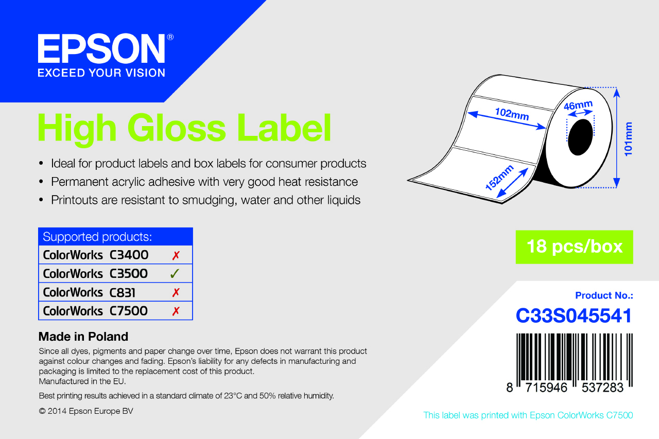 Epson High Gloss Label - Die-cut Roll: 102mm x 152mm, 210 labels