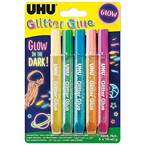 UHU Glitter Glue Glow in the Dark – ideaal voor creatieve hobby's, formule voor kinderen, wasbaar, meerkleurig, 5 tubes 10 ml