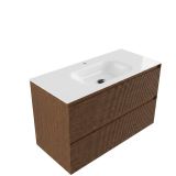 Saniclass Badkamermeubelset - 100x45x61.5cm - Flow solid surface wastafel wit - 1 wasbak - 1 kraangat - 2 lades - mat walnut pure (hout) SW1420806/SW1174115