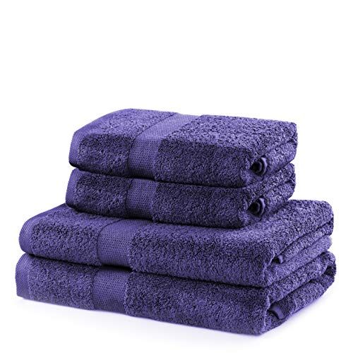 DECOKING Set van 4 katoenkwaliteit 525g/m² 2 handdoeken 50x100 cm en 2 badhanddoeken 70x140 cm violet absorberend Marina