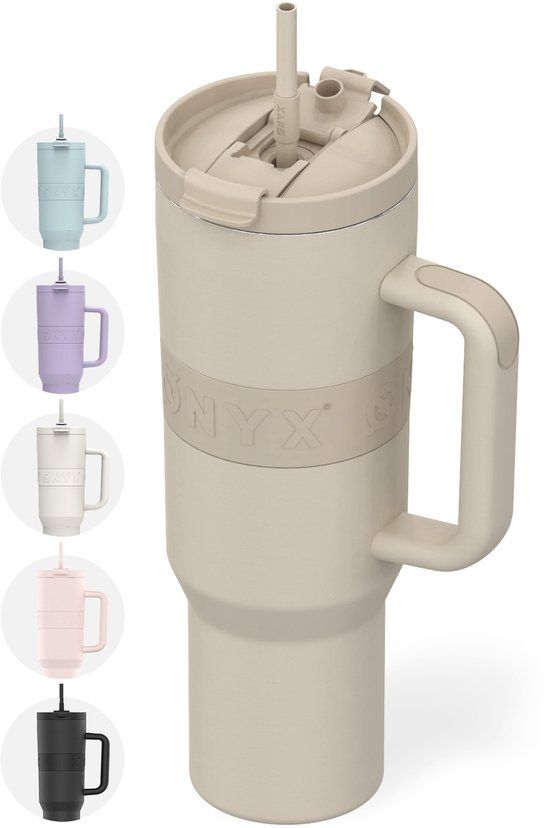 ONYX Drinkfles met Rietje 1.2 Liter - Waterfles voor Kinderen & Volwassenen - Thermosbeker RVS Travel Mug - Motiverende Drinkbus - Drinkbeker voor School - Sand Beige