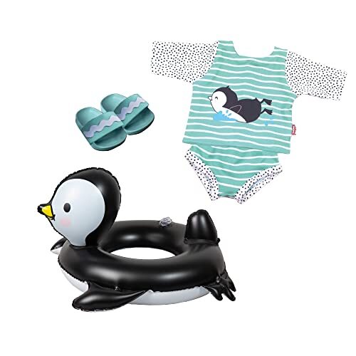 Heless 11 set voor poppen in pinguïn stippendesign, 4-delig outfit, badslippers en zwemring, grootte ca. 35-45 cm, voor badplezier op warme zomerdagen, meerkleurig