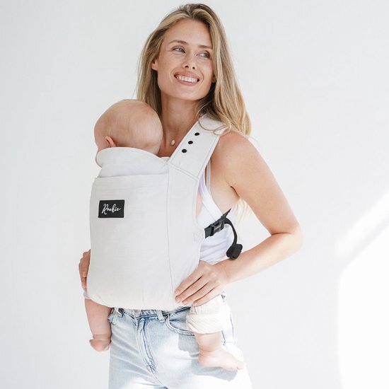 ROOKIE Baby Premium draagzak - Design buikdrager - Comfortabel en ergonomisch - Babydrager vanaf Geboorte - Ook voor Peuter - Biologisch katoen - Super zacht - Unisex: voor mama en papa (Beige)