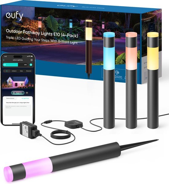 eufy Buitenpadverlichting E10 - set van 4 - slimme bekabelde RGBWW ledlampen - IP65 waterdicht - voor tuin en terras, bedienbaar met Alexa en app