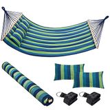 Bakaji Hangmat voor de tuin, tweepersoonsbed, 2-zits, 232 x 148 cm, transparante houten stangen, overtrek van katoen met 2 kussens en riemen, modern design, voor tuin, terras, camping (blauwe strepen)