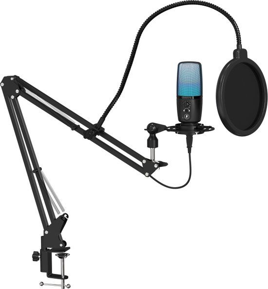 Qware Gaming Staccato Microphone - USB Condenser Mic with Pop Filter, Shock Mount & RGB - Black