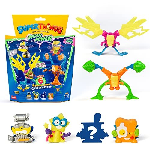 SUPERTHINGS RIVALS OF KABOOM Superthings Neon Power Serie – 6-pack incl. 4 SuperThings (1 Silver Captain) en 2 exoskeletons, pak 1 van 6 stuks