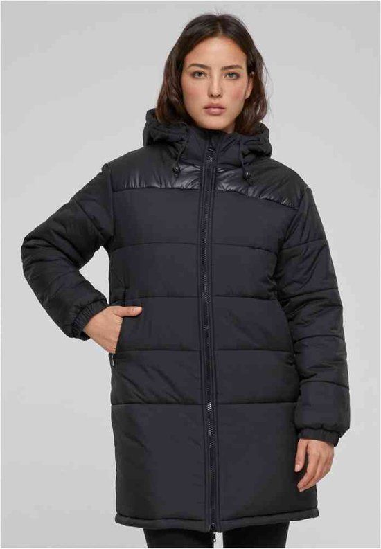 Urban Classics Hooded Mixed Puffer Winterjas - Zwart - Maat S - Dames