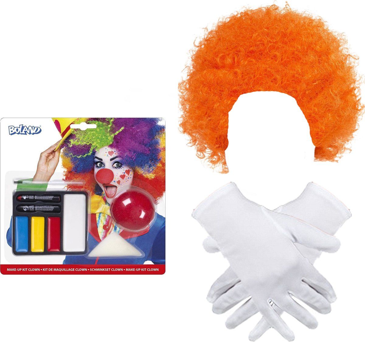 Smiffys Clown Verkleed Set Volwassenen - Pruik Oranje/Schmink/Neus/Handschoenen