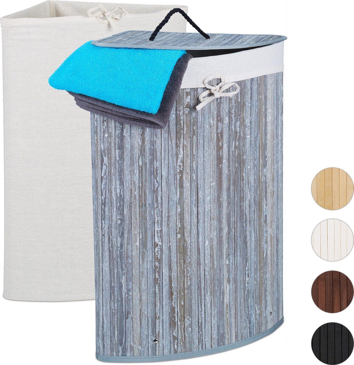 Relaxdays wasmand bamboe - opvouwbaar - mand voor wasgoed - opbergmand - met waszakken grijs
