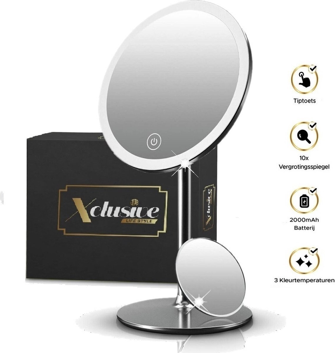 Xclusive-lifestyle Luxe Make-Up Spiegel met LED Verlichting van - Scheerspiegel - Tafelmodel en Wandbevestiging - Oplaadbaar - 3 Dimbare Lichtkleuren - Afneembaar 10x Vergrotings Spiegeltje - 360° Verstelbaar - Aluminium