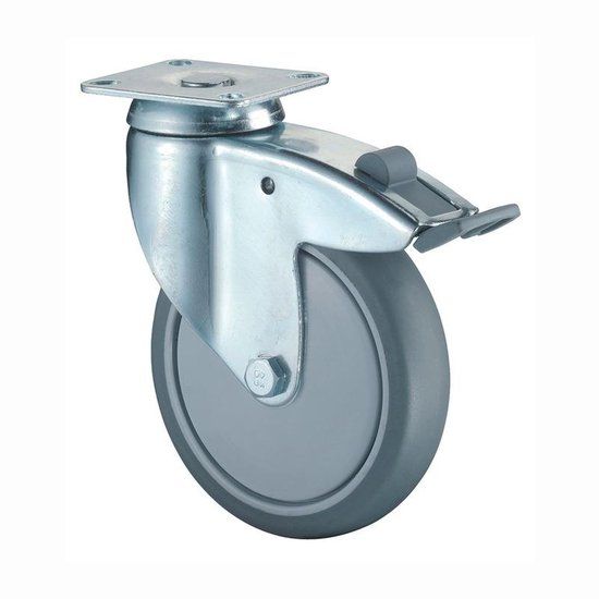 BS Rollen Zwenkwiel met totaalklem | wiel-d. 125 mm draagvermogen 100 kg | met schroefplaat kogellager | rubber grijs | 1 stuk - C120.A85.125