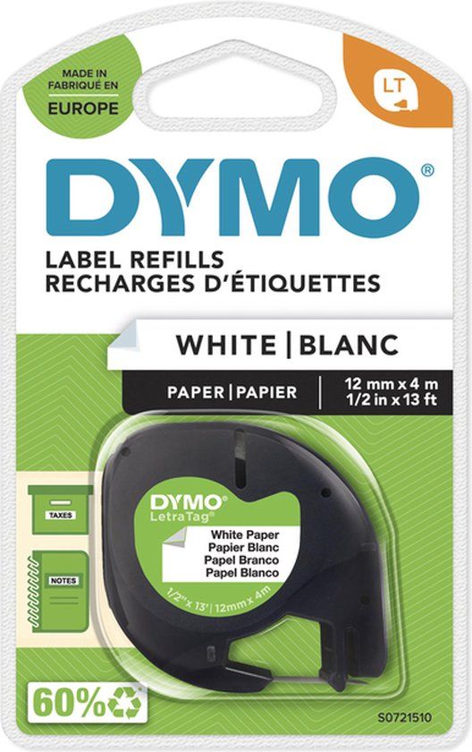DYMO LetraTag Paper Tape - 12mm x 4m - Black on White
