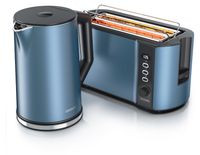 Arendo ontbijtset, 2-delig, keukenapparatuurset met roestvrijstalen waterkoker ELEGANT, 1,5 liter, temperatuurregeling, en broodrooster FRUKOST, 4 sleuven, broodjesaccessoire, blauw, mat