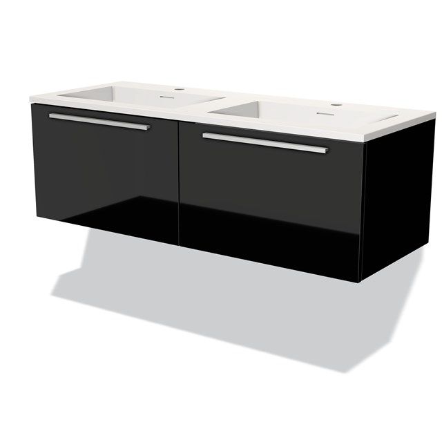 Maxaro Badkamermeubel 120cm Modulo Hoogglans Zwart 2 Lades Vlak Wastafel Solid Surface