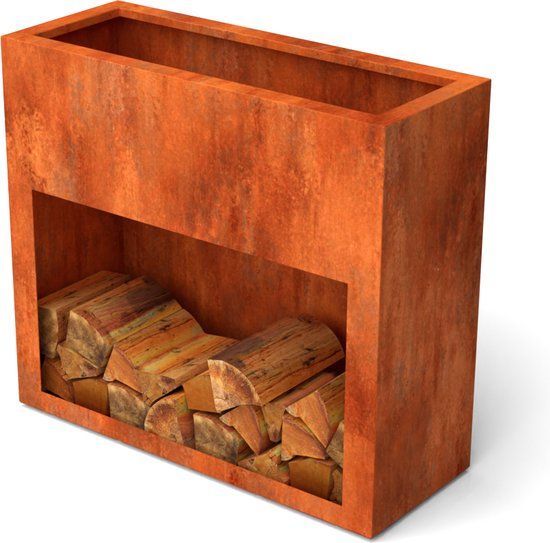 Geroba Landa Exclu Cortenstaal Plantenbak met Houtopslag - 150x38.5x90cm