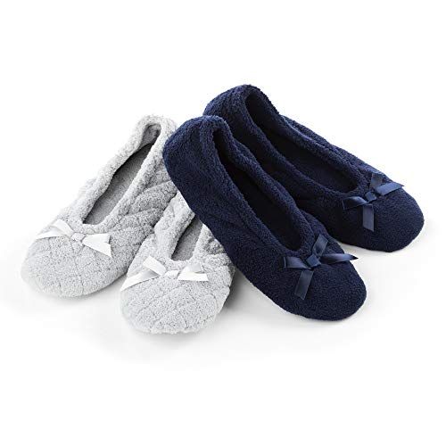 Isotoner Set van 2 Microterry Ballerina's - Dames - Lichtgrijs/Marineblauw - Maat 8-9