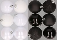 Merkloos / Sans marque Billiet - Vanlaere 12x stuks kunststof kerstballen mix van wit en zwart 8 cm