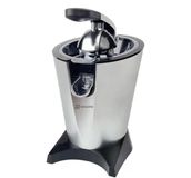 Professionele BEHOME Professionele elektrische citruspers voor bar, inhoud 2 liter, hendel met arm en tuit, 2 roestvrijstalen kegels voor sinaasappel en citroen, zwart en zilver