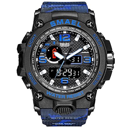 KDFJ Heren Sporthorloges Dual Display Analoge Digitale LED Elektronische Quartz Horloges Waterdicht Zwemmen Lichtgevende Horloge-Zwart blauw