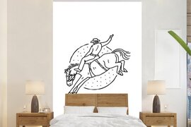 Nr1Wallpaper Behang - Fotobehang Zwart-witte illustratie van een cowboy op een paard - Breedte 170 cm x hoogte 260 cm