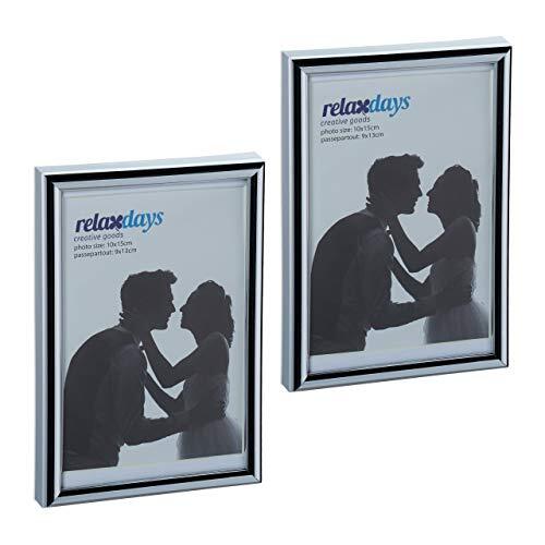 Relaxdays Fotolijst set van 2, 10x15 cm, passe-partout 9x13 cm, glasplaat, fotolijst om neer te zetten en op te hangen, zilver