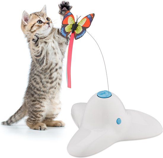 Relaxdays Kattenspeeltje met vlinder - 33,5 x 20,5 x 18 cm - interactief - elektrisch speeltje - wit
