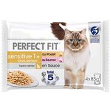 Perfect Fit Sensitive 1+ – vershoudzakjes voor volwassen katten gesteriliseerd – voldoet aan de specifieke behoeften van een gesteriliseerde kat – rijk aan kip en zalm – 52 zakjes van 85 g