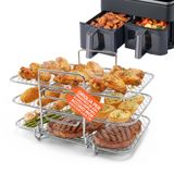 Avilia - Rooster voor luchtfriteuse met 3 niveaus, stapelbaar, rechthoekig, van roestvrij staal, ovencompatibel, gemakkelijk te reinigen en ruimtebesparend