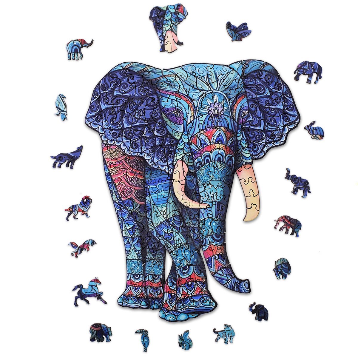 Acropaq Houten puzzel olifant - 200 Stukjes, A3 formaat 420 x 297 mm, Puzzelstukjes in dierenvormen, Gemaakt van hoogwaardig hout - Houten puzzel volwassenen, Puzzel, Puzzel volwassenen, Kinderpuzzel
