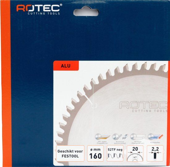 Rotec HM zaagblad voor NF-metalen, ø160x2,2x20mm Z=52 TF neg