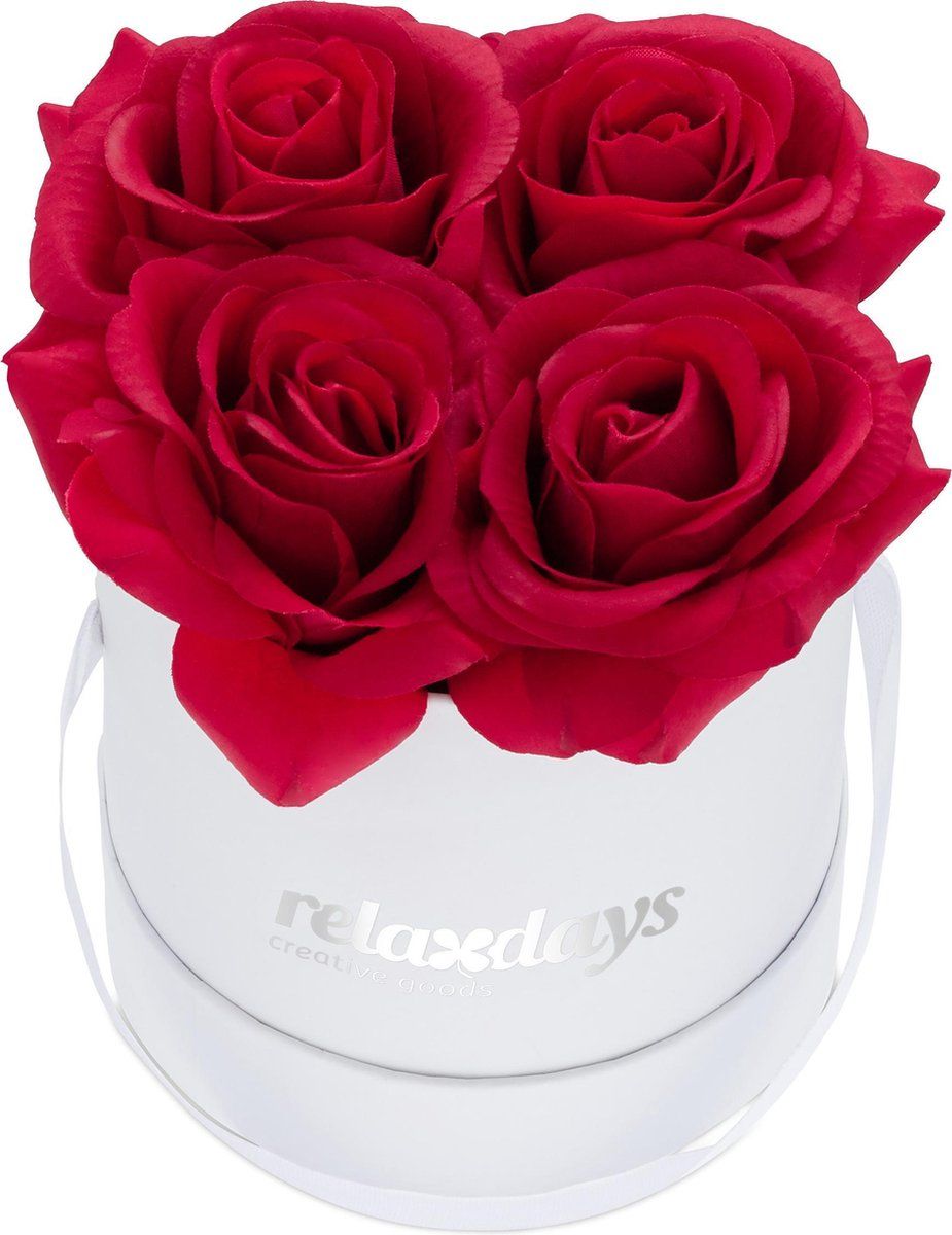 Relaxdays Flowerbox - Rozenbox - 4 Kunstrozen - Wit/Rood