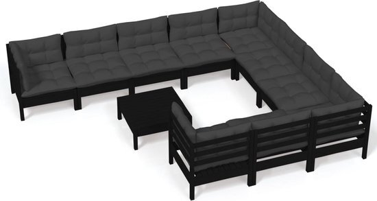 vidaXL 11-delige Loungeset met kussens grenenhout zwart