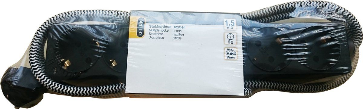 Q-Link Stekkerdoos met textiel-snoer, 6-voudig met randaarde, zwart