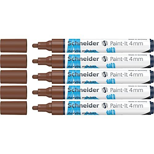 Schneider Paint-It Acrylstiften (met 4 mm ronde punt, hoogdekkende acrylverf voor hout, canvas, steen en nog veel meer.) 5-pack, bruin