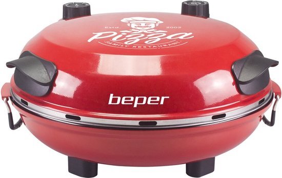 Beper P101CUD300 Pizza Oven, Pizza Maker, Elektrische Oven, 1200W, Temperatuur 400 graden, Timer, Kookniveaus, Vuurvaste Steenplaat, Doorsnede 31cm, Rood