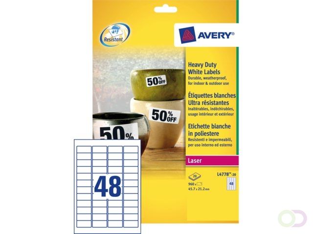 Avery Etiket L4778-20 45.7x21.2mm polyester wit 960stuks